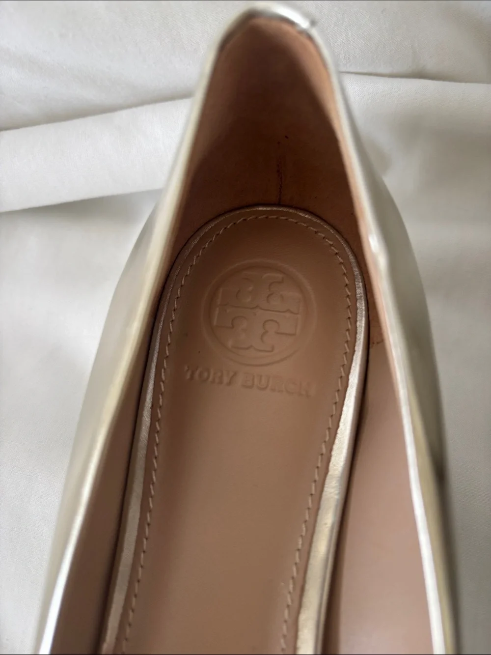 Tory Burch Silver Iridescent Gold Logo Block Heel Flats - Picture 8 of 16